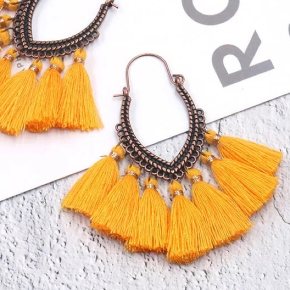 Yellow Yarn Tassel Bohemian Earrings - Picture 3 of 5